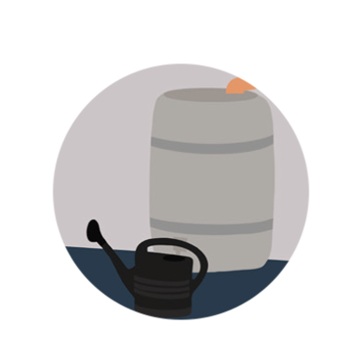 Illustration von Regenwasser sammeln in Gie&szlig;kanne und Fass