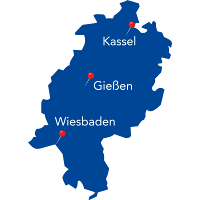 Landkarte von Hessen mit Markierungen zu den drei Standorten der LEA Hessen: Wiesbaden, Kassel und Gießen