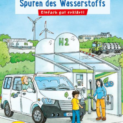 Cover des pixi-Wissen-Buches über Wasserstoff mit Abbildung eines weißen Kleinbusses an einer Wasserstofftankstelle.