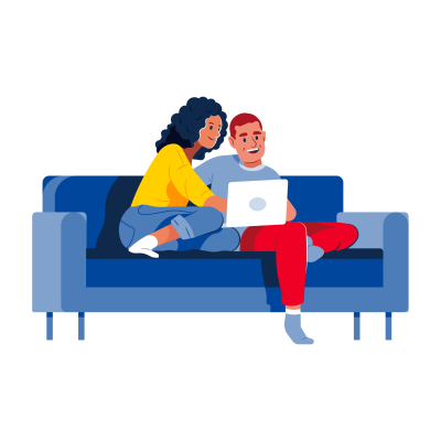 Grafik: Junges Paar sitzt auf einem Sofa und schaut auf ein Laptop.