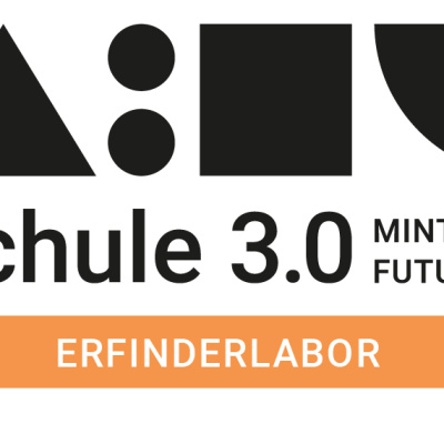 Logo "Schule 3.0 Mint for Future, Erfinderlabor" mit geometrischen Symbolen.