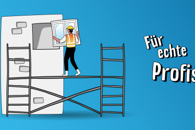 Illustration Modernisierung mit Profis Die Illustration zeigt ein Haus, das gerade gedämmt wird mit dem Schriftzug "Für echte Profis"