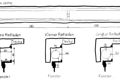 Skizze des Rollladenkastens ohne Rolladen, mit kleinem Rolladen und großem Rolladen.