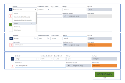Eingabemaske ecocockpit: Emittenten auswählen und Menge des Verbrauches angeben.