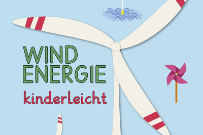 Buchcover "Windenergie kinderleicht" mit mehreren Windrädern.