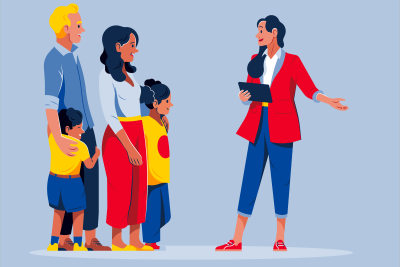 Grafik: Familie mit zwei Kindern steht vor einer Frau mit einem Tablet, die auf etwas zeigt.