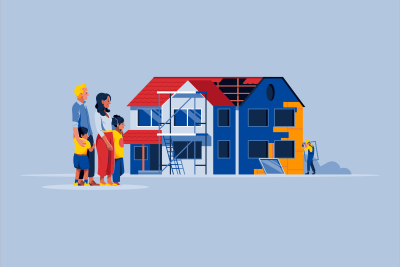 Grafik: Familie mit zwei Kindern steht neben einem Haus im Umbau, an dem ein Handwerker arbeitet.