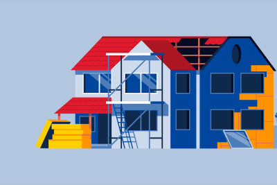 Grafik: Handwerker arbeitet an einem Haus im Umbau, außen liegen Dämmplatten und Fensterscheiben.