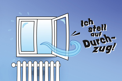 Illustration eines offenen Fensters mit einem Heizkörper darunter vor violettem Hintergrund, Schriftzug "Ich stell auf Durchzug".