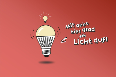 Hessen spart Energie: Grafik Energiesparlampe mit Text "Mir geht hier grad ein Licht auf"