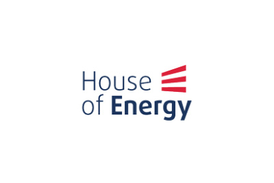 Logo House of Energy in blauer Schrift mit roten Streifen.