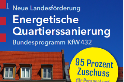 Deckblatt zur Broschüre "Neue Landesförderung Energetische Quartierssanierung, Bundesprogramm KfW 432" mit Gebäudefront.