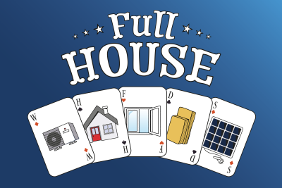 Die Illustration zeigt auf Spielkarten abgebildet eine Wärmepumpe, ein Haus, Dämmstoff und Photovoltaik überschrieben mit der Zeile "Full House"