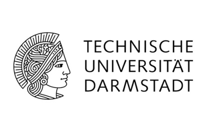 Logo TU Darmstadt in schwarzer Schrift mit einer stilisierten Profilansicht der griechischen Göttin Athene mit Helm.