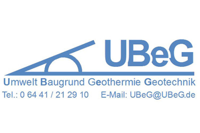 Logo der UBeG in blauer Schrift mit Kontaktangaben.