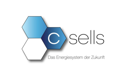 Logo C/sells mit mehreren Hexagonen in blau und weiß.