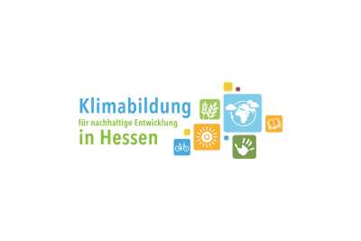 Logo Klimabildung in Hessen in hellblau, orange und grün.