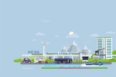 Symbolgrafik zu erneuerbaren Energien: Landschaft mit Verkehrsmitteln, Gebäuden, Landschaft und Wasser.