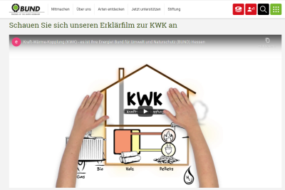 Ansicht der BUND-Internetseite mit der Zeichnung eines Hauses mit den Buchstaben KWK. Zwei Arme liegen rechts und links neben der Zeichnung.