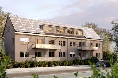 Serielles Sanieren: Ecoworks Rudesheim Modell 3 für Serielles Sanieren, Ecoworks Rudesheim: Mehrfamilienhaus mit Solarzellen auf dem Dach