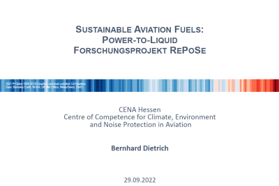 Folie des Vortrages "Sustainable Aviation Fuels: Power-to-Liquid Forschungsprojekt RePoSe".