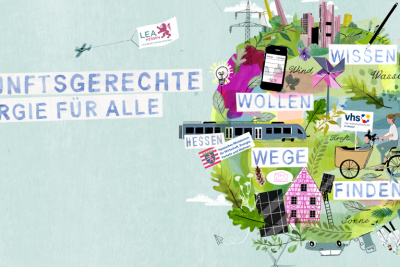 Grafik Zukunftsgerechte Energie für alle: Bunte Erdkugel mit Verkehrsmitteln und Gebäuden und mehreren Beschriftungen: Wollen, Wissen, Wege, Finden, Hessen.