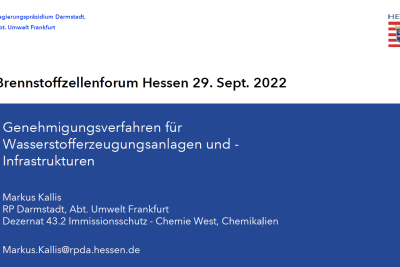 Folie des Vortrages "Brennstoffzellenforum Hessen 29. Sept. 2022" in blau und weiß.
