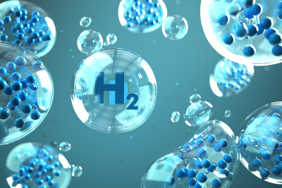Grafik mit blauen Wasserstoffmolekülen in transparenten Blasen.