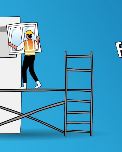 Illustration Modernisierung mit Profis Die Illustration zeigt ein Haus, das gerade gedämmt wird mit dem Schriftzug "Für echte Profis"