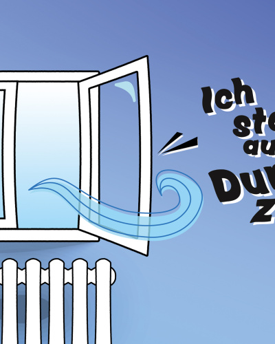 Die Illustration zeigt ein über einer Heizung weit geöffnetes Fenster mit dem Schriftzug "Ich stelle auf Durchzug".