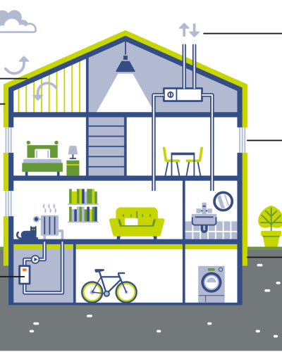 Illustration Hausquerschnitt mit möglichen Sanierungsmaßnahmen.
