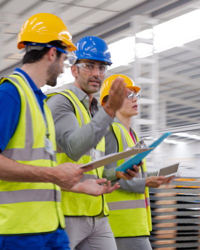 Energieberatung in Unternehmen - Drei Personen beraten sich zum Thema Energieeffizienz in Unternehmen Drei Personen in einem Werksgebäude beraten sich zum Thema Energieeffizienz in Unternehmen.
