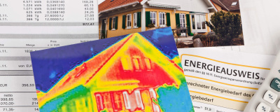 Ein Foto, Energieausweis, Wärmebild und Heizkostenabrechnung von einem älteren Haus.