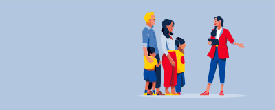 Grafik einer Familie mit zwei Kindern, die von einer Frau beraten wird