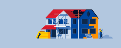 Grafik: Handwerker arbeitet an einem Haus im Umbau, außen liegen Dämmplatten und Fensterscheiben.