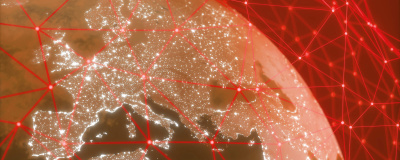 Netzwerk Geothermie: Ausschnitt Weltkugel mit Kontinent Europa ist umgeben von einem Netz aus roten Linien.