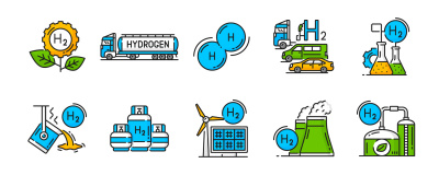 Zahlreiche bunte Icons zeigen die Anwendungsbereiche und Erzeugung von Wasserstoff