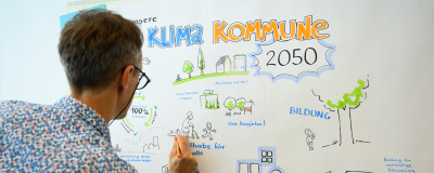 Zeichner zeichnet Schlagworte zum Thema Klimaanpassung