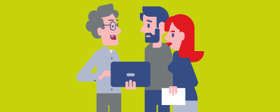 Sanierung: Energieberatung Illustration eines Energieberaters, der einem Paar auf einem Tablet Daten zeigt.