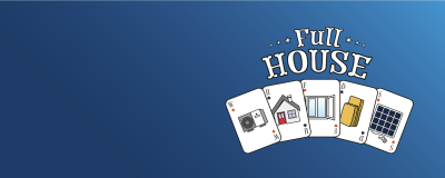 Die Illustration zeigt auf Spielkarten eine Wärmepumpen, ein Haus, Dämmmaterial und Photovoltaik unter dem Schriftzug "Full House"