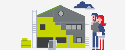 Grafik zeigt ein Paar mit Sanierungsplan , das neben einem eingerüsteten Haus steht.