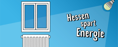 Teaser Hessen spart Energie Illustration mit Fenster, Heizkörper und Glühbirne auf blauem Grund, Aufschrift: Hessen spart Energie.