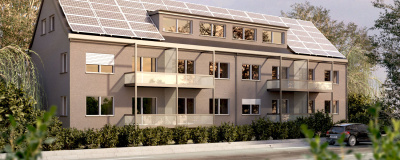 Modell 3 für Serielles Sanieren, Ecoworks Rudesheim: Mehrfamilienhaus mit Solarzellen auf dem Dach