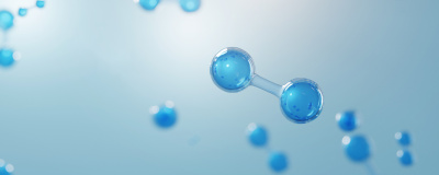 Blaue Wasserstoffmoleküle schweben in türkisfarbenem Raum.