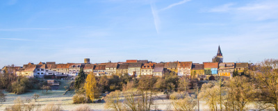 Blick auf die Skyline von Idstein mit historischen Häusern. Im Vordergrund eine winterliche Landschaft mit verstreut stehenden Bäumen.