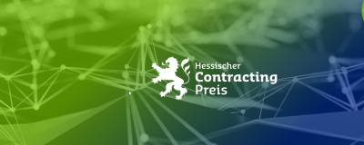 Logo des hessischen Contracting-Preises mit einem weißen Löwen und einem grün-blauen Hintergrund mit vernetzten Linien.