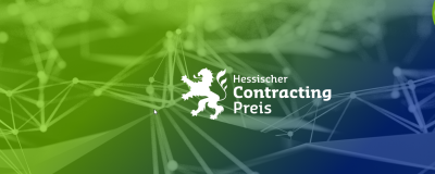 Hessischer Contracting-Preis Logo des hessischen Contracting-Preises mit einem weißen Löwen und einem grün-blauen Hintergrund mit vernetzten Linien.