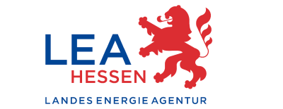 Logo der LEA LandesEnergieAgentur Hessen GmbH in blau und rot mit Wappen-Löwe.
