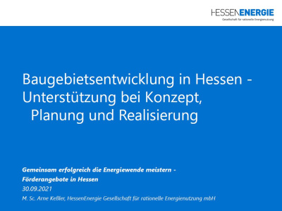 Cover Präsentation: Baugebietsentwicklung in Hessen in blau und weiß.