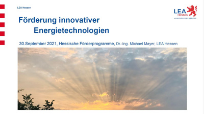 Cover Präsentation: Förderung innovativer Energietechnologien mit Bild eines Himmels mit aufgehender Sonne